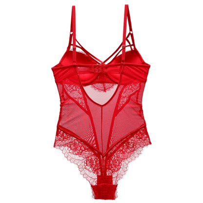 Bodysuit Women Push Up Red Strappy Cup Eyelash Lace Floral Pattern Padded Underwire Lingerie Women Shapewear High Quality